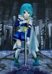  1girl absurdres blue_eyes blue_hair cape chest_guard commentary_request different_reflection fortissimo full_body gloves hair_ornament hairclip highres holding holding_sword holding_weapon induction_rlc injury magical_girl mahou_shoujo_madoka_magica mahou_shoujo_madoka_magica_(anime) mahou_shoujo_madoka_magica_movie_1_&amp;_2 miki_sayaka miki_sayaka_(magical_girl) musical_note musical_note_hair_ornament oktavia_von_seckendorff open_mouth rain reflection short_hair solo spoilers sword weapon white_gloves witch_(madoka_magica) 