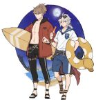  2boys alternate_costume bangs beach belt black_pants blue_sailor_collar brown_hair eyewear_on_head food full_body genshin_impact grey_hair hair_between_eyes highres holding holding_innertube innertube jacket kaedehara_kazuha kazuha&#039;s_friend_(genshin_impact) male_focus moon multicolored_hair multiple_boys night ocean open_clothes open_jacket outdoors pants papajay_(jennygin2) ponytail popsicle red_hair red_jacket sailor_collar sand shirt shorts sky standing star_(sky) streaked_hair sunglasses surfboard symbol-only_commentary water white_shirt 