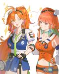  2girls ? beret blue_vest bow bow_choker breasts chef_hat choker collared_shirt commentary cropped_vest cuffs detached_sleeves earrings elbow_pads english_commentary feather_earrings feathers fingerless_gloves gloves goggles goggles_on_head green_choker green_eyes green_hair green_necktie handcuffs hat highres hololive hololive_english hyakuto_kyoko jewelry long_hair megaphone mini_chef_hat mini_hat mole mole_under_eye multicolored_hair multiple_boys multiple_girls multiple_hats navel necktie orange_hair orange_hat pink_hair police police_uniform purple_eyes senotori shirt short_sleeves simple_background smile sparkle takanashi_kiara takanashi_kiara_(1st_costume) two-tone_hair vest virtual_youtuber white_background white_shirt 