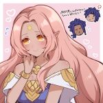  1girl 2boys aurora_(fire_emblem) bare_shoulders blue_dress blue_hair blush breasts cai_castor castor_(fire_emblem:_fortune's_weave) commentary_request dark-skinned_female dark-skinned_male dark_skin dress facial_mark family father_and_child father_and_son fire_emblem fire_emblem:_fortune's_weave forehead_mark husband_and_wife long_hair mother_and_child mother_and_son multiple_boys off_shoulder parent_and_child pink_hair pointy_ears sleeveless sleeveless_dress star_(symbol) star_facial_mark wavy_hair yakishio_(yakishioman) yellow_eyes 