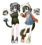  2girls absurdres animal_hood animal_slippers asymmetrical_legwear black_hair black_hoodie black_shoes blue_eyes blush blush_stickers chibi chibi_inset cross cross_earrings ear_piercing earrings fujo0t4ku full_body green_eyes green_socks hair_between_eyes headphones headphones_around_neck headscarf highres hood hood_up hoodie hugging_doll hugging_object jewelry long_hoodie loose_socks mismatched_legwear multiple_girls open_mouth original overall_skirt piercing pleated_skirt rabbit_hood red_socks shoes short_hair simple_background skirt sleeves_past_fingers sleeves_past_wrists slippers smile sneakers socks standing striped_clothes striped_hood striped_socks stuffed_animal stuffed_toy tail teddy_bear twintails two_side_up white_background white_headscarf 