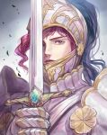  1boy androgynous armor close-up emerald_(gemstone) fantasy full_armor gorget helmet holding holding_sword holding_weapon jojo_no_kimyou_na_bouken kakyoin_noriaki kankito knight male_focus purple_eyes red_hair solo stardust_crusaders sword weapon 