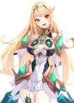  1girl bangs bare_legs bare_shoulders blonde_hair breasts chest_jewel cleavage cleavage_cutout clothing_cutout dress duplicate earrings elbow_gloves gloves highres jewelry large_breasts long_hair mythra_(xenoblade) pixel-perfect_duplicate risumi_(taka-fallcherryblossom) short_dress solo swept_bangs thigh_strap tiara very_long_hair white_dress white_gloves xenoblade_chronicles_(series) xenoblade_chronicles_2 yellow_eyes 