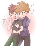  2boys :o ^^^ bangs blue_oak blush brown_hair commentary_request flying_sweatdrops green_pants hachi_(hachi_sin) hand_up long_sleeves looking_down male_focus multiple_boys pants pokemon pokemon_(game) pokemon_lgpe purple_shirt shirt short_hair short_sleeves speech_bubble spiked_hair sweat trace_(pokemon) translation_request yaoi 