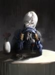  absurdres alcohol blue_eyes commentary duchess_(elden_ring) elden_ring elden_ring_nightreign english_commentary flower gloves highres interlocked_fingers jacket long_hair long_sleeves looking_at_viewer mask_over_one_eye purple_gloves purple_jacket red_flower red_rose red_wine rose sakku_art sitting vase white_hair wine 