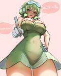  1girl absurdres bare_shoulders blue-framed_eyewear blue-tinted_eyewear blush breasts commentary covered_navel cowboy_shot dress english_commentary english_text from_below full-face_blush gloves goggles goggles_on_head green_dress green_hair gumi gumi_(sv) hand_on_own_hip headphones heart highres index_finger_raised kyuunsai large_breasts looking_at_viewer open_mouth pink_background short_hair simple_background skindentation solo speech_bubble synthesizer_v thick_thighs thighs tinted_eyewear wavy_mouth white_gloves 