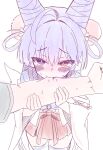  1girl ahoge biting blue_eyes blush bow bright_pupils commentary_request cone_hair_bun cowboy_shot double_bun grey_hair hair_between_eyes hair_bun hair_intakes hair_ornament hair_ribbon hair_rings half-closed_eyes heterochromia highres holding_another's_arm holding_another's_wrist japanese_clothes korean_commentary leeleo_25 long_hair long_sleeves looking_at_another looking_at_viewer miko neck_ribbon nose_blush orange_eyes out_of_frame pleated_skirt pom_pom_(clothes) pom_pom_hair_ornament pov pov_hands purple_eyes purple_hair raised_eyebrows red_bow red_skirt ribbon shirt short_hair simple_background sketch skirt solo_focus spot_color stellive sweat sweatdrop tenko_shibuki tenko_shibuki_(1st_costume) thighhighs upper_body white_background white_pupils white_ribbon white_shirt white_thighhighs wide_sleeves yellow_eyes zettai_ryouiki 