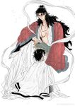  2boys absurdres aged_down all_wishes_come_true! bare_pectorals black_hair blue_trim child chinese_clothes chinese_commentary closed_mouth coat commentary_request dirty dirty_face facial_hair full_body hair_bun hair_ornament half_updo hand_fan hanfu highres hishngynqngj1 holding holding_fan implied_yaoi jewelry large_pectorals leaf_belt leaf_fan leaf_hair_ornament leaf_ornament long_hair long_sleeves looking_at_another looking_at_viewer lv_dongbin_(all_wishes_come_true!) male_focus multiple_boys mustache_stubble necklace open_clothes open_coat open_robe pectoral_cleavage pectorals red_coat robe shawl short_hair simple_background single_hair_bun sitting stubble time_paradox watermark weibo_watermark white_background white_hanfu white_shawl wide_sleeves zhongli_quan_(all_wishes_come_true!) 