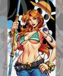  1girl artist_collaboration artist_name bangle bare_shoulders belt belt_buckle bikini blue_pants bracelet breasts brown_eyes buckle cleavage commentary cowboy_shot denim earrings english_commentary gold_bangle gold_bracelet green_bikini hand_on_own_hip highleg highleg_bikini highres holding holding_staff jeans jewelry jolly_roger lips long_hair looking_at_viewer medium_breasts nami_(one_piece) navel one_piece orange_hair pants parted_bangs pearl_earrings red_lips shoulder_tattoo signature solo staff stomach straw_hats_jolly_roger swimsuit tattoo underboob vkmarion wavy_hair wes_hartman western_comics_(style) 