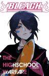  1girl bandaid bandaid_on_cheek bandaid_on_face black_hair black_sailor_collar black_serafuku bleach bleach:_the_high_school_warfare closed_mouth copyright_name cover cover_page english_text hair_over_one_eye highres holding holding_weapon itsalpha kuchiki_rukia long_sleeves looking_at_viewer manga_cover sailor_collar school_uniform serafuku short_hair simple_background solo upper_body weapon white_background 