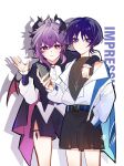  2boys arm_around_shoulder arm_at_side belt belt_buckle black_belt black_cape black_horns black_shirt black_shorts blunt_ends bright_pupils buckle cape casual cellphone choppy_bangs commentary contemporary corset crossed_bangs diamond-shaped_pupils diamond_(shape) dragon_boy dragon_horns dragon_wings drop_shadow duodrich durin_(genshin_impact) durin_(impression)_(genshin_impact) eyeliner facial_mark forehead_mark genshin_impact gold_necklace gold_pendant hair_between_eyes hakama hakama_shorts hand_in_pocket hand_up highres holding holding_phone horns japanese_clothes jewelry long_sleeves looking_at_viewer makeup multiple_boys necklace official_alternate_costume open_hand phone pleated_shorts purple_cape purple_corset purple_eyes purple_hair red_eyeliner red_eyes red_wings scaramouche_(genshin_impact) shirt shorts shoulder_peek smartphone smile symbol-shaped_pupils thigh_strap turtleneck turtleneck_shirt two-sided_cape two-sided_fabric unbuttoned unbuttoned_shirt wanderer_(genshin_impact) wanderer_(impression)_(genshin_impact) white_pupils white_shirt white_sleeves wings 