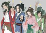  1girl 3boys all_wishes_come_true! arm_up backpack bag black_hair black_sash blue_hanfu blue_trim brown_eyes brown_hair chinese_clothes chinese_commentary closed_mouth coat commentary_request earrings facial_hair flower green_hanfu green_hat green_sash green_skirt grey_background hair_bun hair_flower hair_ornament half_updo han_xiangzi_(all_wishes_come_true!) hand_on_own_hip hand_up hanfu hat he_xiangu_(all_wishes_come_true!) high_ponytail holding_strap index_finger_raised jewelry jian_(weapon) kxsnzwsdzf leaf_belt leaf_hair_ornament leaf_ornament long_hair long_sleeves looking_at_viewer lotus lv_dongbin_(all_wishes_come_true!) multiple_boys mustache_stubble necklace ok_sign open_clothes open_coat open_mouth outstretched_arm outstretched_hand parted_lips pectoral_cleavage pectorals pink_flower pink_hanfu pointing ponytail red_coat red_sash robe sash shoulder_strap sidelocks simple_background single_hair_bun sketch skirt smile standing stubble sword sword_on_back sword_tassel tassel teeth upper_body v watermark waving weapon weapon_on_back weapon_tassel weibo_watermark white_hanfu wide_sleeves wooden_box zhongli_quan_(all_wishes_come_true!) 