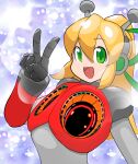  1girl :d aged_up android antennae armor arms_up blonde_hair bodysuit breast_missiles breastplate breasts buta_otoko commentary_request double-parted_bangs earphones eyes_visible_through_hair full_body gorget gradient_background green_eyes green_ribbon grey_bodysuit hair_between_eyes hair_ribbon hairband headphones high_ponytail highres hyper_roll_(marvel_vs._capcom) joints large_breasts large_variant_set long_hair looking_at_viewer marvel_vs._capcom marvel_vs._capcom_2 mechanical_arms mega_man_(classic) mega_man_(series) metal_gloves open_mouth ponytail radio_antenna red_armor ribbon robot robot_girl robot_joints roll_(mega_man) shoulder_armor sidelocks simple_background smile solo standing steam upper_body v variant_set 