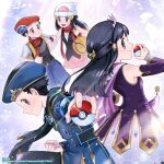  1boy 1girl bag beanie black_hair blue_coat blue_eyes blue_hair blue_hat blush breasts cape closed_mouth coat commentary_request dawn_(champion)_(pokemon) dawn_(pokemon) dress duffel_bag grey_eyes hair_ornament hairclip hanenbo hat highres holding holding_poke_ball jacket long_hair lucas_(champion)_(pokemon) lucas_(pokemon) official_alternate_costume official_art open_mouth pants pink_skirt poke_ball poke_ball_(basic) poke_ball_print pokemon pokemon_diamond/pearl/platinum pokemon_masters_ex poketch purple_cape purple_dress red_hat red_scarf scarf second-party_source shirt short_hair short_sleeves skirt sleeveless smile tiara watch white_hat wristwatch 