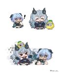  ! >_< 3girls :3 animal_ears black_gloves black_horns blue_dress blue_hair chibi chibi_only closed_eyes closed_mouth commentary crossed_bangs dracaene_sunbringer dress elbow_gloves flying_sweatdrops gloves goat_ears goat_girl goat_horns green_eyes grey_hair hair_over_one_eye highres horns hue_oo lindverne_sunbringer long_hair looking_at_another lucia_elowen mechanical_horns mini_person motion_blur multiple_girls open_mouth pineapple_costume pointy_ears running simple_background untranslatable_commentary white_background zenless_zone_zero 
