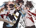  1boy black_eyes black_pants blood blood_on_clothes blood_on_face boxcutter brown_hair commentary_request electric_guitar full_body guitar highres holding holding_guitar holding_instrument instrument jwnn korean_commentary long_sleeves male_focus multiple_views necktie original pants red_necktie school_uniform shirt short_hair white_shirt 