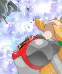  1girl :d aged_up android antennae armor arms_up blonde_hair bodysuit breast_missiles breastplate breasts buta_otoko clenched_hands commentary_request double-parted_bangs earphones electricity eyes_visible_through_hair full_body gorget gradient_background green_eyes green_ribbon grey_bodysuit hair_between_eyes hair_ribbon hairband head_back headphones high_ponytail highres hyper_roll_(marvel_vs._capcom) joints large_breasts large_variant_set long_hair looking_at_viewer marvel_vs._capcom marvel_vs._capcom_2 mechanical_arms mega_man_(classic) mega_man_(series) metal_gloves navel open_mouth ponytail radio_antenna red_armor ribbon robot robot_girl robot_joints roll_(mega_man) shoulder_armor sidelocks simple_background smile solo standing tongue tongue_out upper_body variant_set 