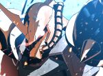  debris embers eye_trail glowing glowing_eye gouf_ignited gundam gundam_seed gundam_seed_destiny highres horns kuri_giepi light_trail looking_at_viewer mecha mecha_focus mobile_suit no_humans one-eyed_mecha portrait red_eyes robot science_fiction shoulder_spikes single_horn solo spikes 