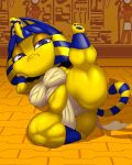  4:5 absurd_res animal_crossing ankha_(animal_crossing) anthro bandage belly ber00 big_breasts big_butt blue_hair bored breasts butt chest_wraps domestic_cat egyptian fangs felid feline felis female fur hair hand_on_head hi_res huge_thighs inside lidded_eyes looking_at_viewer mammal markings muscular_legs navel nintendo on_ground potbelly raised_leg reclining resting restraints short_stack slightly_chubby solo striped_markings striped_tail stripes tail_markings thick_thighs uraeus video_games wraps yellow_body yellow_fur 