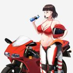  1girl absurdres alternate_costume biker_clothes bikesuit bikini bikini_under_clothes bodysuit bottle breasts brown_eyes brown_hair commentary ducati glasses helmet highres holding holding_bottle holding_unworn_helmet jumpsuit jumpsuit_around_waist kantai_collection large_breasts looking_at_viewer motor_vehicle motorcycle navel odachu pince-nez red_bikini roma_(kancolle) short_hair simple_background solo stomach swimsuit unworn_headwear unworn_helmet wavy_hair white_background 