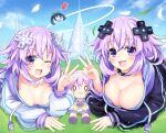  3girls adult_neptune black_hair breasts giga-tera hair_ornament long_hair medium_breasts multiple_girls neptune_(neptune_series) neptune_(series) noire_(neptune_series) onsen open_mouth outdoors purple_eyes purple_hair shin_jigen_game_neptune_vii short_hair small_breasts smile 