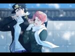  2boys ^_^ black_hair closed_eyes gakuran green_eyes hand_on_head hat jojo_no_kimyou_na_bouken kakyoin_noriaki kankito kujo_jotaro male_focus multiple_boys pink_hair red_hair scar scar_across_eye scarf school_uniform stardust_crusaders white_scarf 