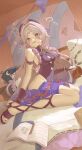  1girl absurdres bare_shoulders blue_eyes book braid breasts citlali_(genshin_impact) citlalin_(genshin_impact) cleavage clothing_cutout commentary_request cup dandandan668 drooling drunk facial_mark floating_headgear forehead_mark full_body genshin_impact gladiator_sandals hair_intakes headgear heart heart-shaped_pupils highres holding holding_cup indoors itzpapa_(genshin_impact) jewelry leotard long_hair looking_at_viewer medium_breasts multicolored_hair nail_polish open_book open_mouth pillow pink_hair pink_pupils purple_nails purple_sarong ribbed_leotard sandals sarong sitting sleeveless sleeveless_turtleneck solo spilling squeans streaked_hair symbol-shaped_pupils toe_ring toenail_polish toenails toes triangle triangle_facial_mark turtleneck turtleneck_leotard twin_braids very_long_hair wariza 