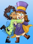  2girls a_hat_in_time afro alvah-and-friends animal_print ankle_boots arms_around_neck back_bow belt_boots belt_buckle black_boots black_facial_hair blue_background blue_bow blue_eyes blue_hairband blue_skirt blush blush_stickers boots bow bow_hairband bow_kid brown_boots brown_hair buckle buttons cape cat_print child closed_eyes commentary couple curly_hair dark-skinned_female dark_skin english_commentary facial_hair frilled_sleeves frills full_body grabbing_another's_arm green_jacket hairband hat hat_kid hat_ribbon heart highres hug interracial jacket kinky_hair kiss kissing_cheek leg_up long_sleeves looking_at_another medium_hair multiple_girls one_eye_closed open_mouth pants ponytail purple_hat purple_jacket ribbon short_hair sidelocks simple_background skirt smile standing standing_on_one_leg teeth top_hat upper_teeth_only white_pants yellow_cape yellow_ribbon yuri zipper zipper_pull_tab 