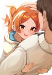  1boy 1girl absurdres cabbage_(chlehd2239) commentary_request headpat highres hood hood_down hoodie hug idolmaster idolmaster_million_live! idolmaster_million_live!_theater_days korean_commentary long_hair ogami_tamaki one_side_up open_mouth orange_eyes orange_hair producer_(idolmaster) simple_background smile white_background white_hoodie 