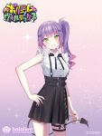  1girl :3 bare_arms black_bow black_bowtie black_skirt bow bowtie center-flap_bangs closed_mouth collared_shirt commentary_request cowboy_shot cross cross_earrings demon_girl demon_tail double-parted_bangs earrings frilled_shirt frilled_sleeves frills gradient_background gradient_hair green_eyes hand_on_own_hip heart heart_earrings heart_o-ring high-waist_skirt hololive hololive_official_card_game imahuku jewelry jirai_kei leg_tattoo long_hair miniskirt multicolored_hair o-ring o-ring_thigh_strap official_alternate_costume official_art piercing pink_background pink_hair pleated_skirt pointy_ears pom_pom_brooch purple_hair shirt shirt_tucked_in short_sleeves side_ponytail skirt solo suspender_skirt suspenders tail tail_ornament tail_piercing tattoo thigh_strap tokoyami_towa tokoyami_towa_(jirai_kei) virtual_youtuber white_shirt winged_heart winged_heart_tattoo 