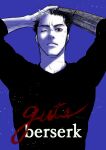  1boy berserk character_name closed_mouth commentary_request copyright_name greyscale_with_colored_background guts_(berserk) kame_(jeycobsry) male_focus one_eye_closed purple_background red_eyes scar scar_on_face scar_on_nose short_hair solo upper_body 