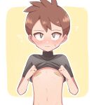  1boy bandaid bandaids_on_nipples bangs blush border bright_pupils brown_eyes brown_hair closed_mouth clothes_lift commentary_request flying_sweatdrops hachi_(hachi_sin) lifted_by_self male_focus outline pasties pokemon pokemon_(game) pokemon_lgpe shirt_lift short_hair solo sweat trace_(pokemon) upper_body white_border white_pupils yellow_background 