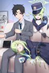  1boy 2girls :d absurdres anger_vein armband black_hair black_hat black_jacket black_necktie black_skirt blue_archive blue_archive_the_animation blue_armband blush brown_eyes buttons character_print clenched_hands closed_eyes closed_mouth collared_shirt commentary_request couch cup demon_girl demon_tail double-breasted drooling earrings fang feet_out_of_frame gloves green_hair green_halo grey_jacket grey_suit gun hair_spread_out halo hands_up hat highres hikari_(blue_archive) holding holding_cup id_card indoors jacket jewelry lap_pillow long_hair long_sleeves looking_at_another looking_down lying manurhin_mr73 mouth_drool multiple_girls necktie notice_lines nozomi_(blue_archive) on_couch on_side open_mouth peaked_cap pleated_skirt pointy_ears revolver sensei_(blue_archive) sensei_(blue_archive_the_animation) shirt short_hair siblings sidelocks sisters sitting skin_fang skirt sleeping smile spiked_hair suit suit_jacket sweatdrop tail thick_eyebrows twig_imokenpi twins twintails upper_body very_long_hair watermark weapon white_gloves white_shirt yellow_eyes yuuka_(blue_archive) 