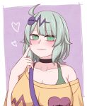  1girl :3 ahoge alternate_costume arm_up bag black_choker blush border bra bra_peek breasts cardiogram_print casual choker cleavage closed_mouth collarbone commentary eye_hair_ornament green_bra green_eyes green_hair heart heart_print highres kiryuu_soma komeiji_koishi large_breasts looking_at_viewer off-shoulder_shirt off_shoulder pointing pointing_at_self purple_background purple_bag purple_nails shirt short_hair short_sleeves shoulder_bag simple_background smile solo swept_bangs touhou underwear upper_body white_border yellow_shirt 