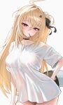  1girl absurdres ahoge black_choker blonde_hair breasts choker cissia_(zenless_zone_zero) commentary hair_ornament highres large_breasts long_hair looking_at_viewer no_pants pom_pom_(clothes) pom_pom_hair_ornament red_eyes shirt simple_background snake_girl snake_tail solo tail very_long_hair white_background white_shirt zenless_zone_zero zzirit6 