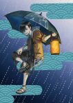  adumayasiten amefurikozo_(youkai) black_pants coat commentary_request egasumi hair_over_one_eye highres holding holding_lantern hood hood_down lantern open_clothes open_coat original pants rain raincoat sandals seigaiha standing standing_on_one_leg traditional_youkai umbrella yellow_coat yellow_raincoat 