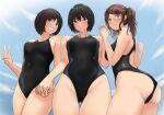  3girls amagami ass black_eyes black_hair black_swimsuit blue_sky brown_eyes brown_hair cloud competition_swimsuit cowboy_shot from_below highres holding_hands long_hair looking_at_viewer multiple_girls nakata_sae nanasaki_ai one-piece_swimsuit short_hair sky swimsuit tachibana_miya twintails ykh1028 