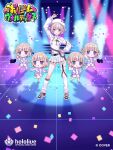  4girls arm_up asymmetrical_legwear beret blonde_hair breasts chibi clothing_cutout commentary_request concert confetti contrapposto covered_navel drawstring full_body gradient_hair hand_on_own_hip hat hololive hololive_dev_is hololive_official_card_game jacket leg_warmers leotard leotard_under_clothes long_sleeves miniskirt multicolored_hair multiple_girls official_alternate_costume official_art pleated_skirt purple_eyes purple_hair purple_streaks shirt shoes short_hair shorts shoulder_cutout shrug_(clothing) single_leg_warmer single_thighhigh skirt small_breasts sneakers standing streaked_hair thighhighs todoroki_hajime todoroki_hajime_(1st_costume) todoroki_hajime_(regloss_uniform) two_side_up virtual_youtuber white_hat white_jacket white_leg_warmers white_leotard white_shirt white_shoes white_shorts white_shrug white_skirt white_thighhighs yuzuriha_(nx_e78) 