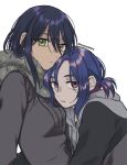  1boy 1girl aqua_eyes artist_name black_jacket blue_hair colored_inner_hair commentary gundam gundam_gquuuuuux highres hood hooded_jacket jacket long_hair momoshny multicolored_hair nyaan_(gundam_gquuuuuux) red_hair shuji_ito signature simple_background twitter_username two-tone_hair yellow_eyes 