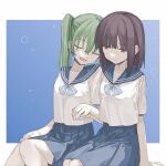  2girls arm_at_side blue_background blue_sailor_collar blue_skirt border bow brown_hair closed_eyes closed_mouth commentary green_hair grey_bow holding_hands inuko_(ink0425) medium_hair medium_skirt mizuno_sachiko_(seabed) multiple_girls open_mouth outside_border pleated_skirt red_eyes sailor_collar school_uniform seabed_(visual_novel) serafuku shirt short_sleeves sitting skirt smile straight_hair takako_(seabed) twintails u_u white_border white_shirt yuri 