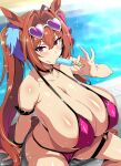  1girl animal_ears bikini blurry blurry_background bracelet breasts cleavage commentary_request daiwa_scarlet_(umamusume) eyewear_on_head food food_in_mouth full_cleavage groin hair_intakes heart heart-shaped_eyewear highres horse_ears horse_girl huge_breasts jewelry long_hair looking_at_viewer pink_bikini popsicle popsicle_in_mouth red_eyes sitting solo sunglasses swimsuit tony_man+ twintails umamusume very_long_hair 