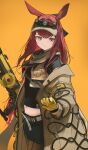  1girl absurdres animal_ears arknights black_pantyhose black_shirt black_shorts brown_jacket brown_vest cropped_vest expressionless front-seamed_legwear gloves hair_between_eyes hair_intakes headlamp highres holding jacket kusami_toka_naku_au long_hair long_sleeves looking_down midriff navel open_clothes open_jacket open_vest pantyhose purple_eyes purple_hair rabbit_ears rabbit_girl ray_(arknights) seamed_legwear shirt short_shorts shorts simple_background solo thighs vest yellow_background yellow_gloves 