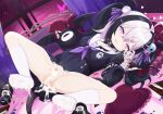  1girl absurdres ahoge bandaged_arm bandages bat_wings black_choker black_dress black_hair blood blood_on_bandages censored chinese_commentary choker commentary_request cum cum_in_footwear cum_on_body cum_on_feet cum_on_legwear cumdrip demon_tail dress embarrassed eyeball_hair_ornament full_body hair_between_eyes hair_ornament hair_ribbon hatsuse_(virtuareal) head_wings highres holding_eyepatch indoors kneehighs large_variant_set long_sleeves looking_at_viewer mosaic_censoring multicolored_hair neckerchief nijisanji on_bed purple_eyes purple_neckerchief purple_ribbon pussy_juice ribbon sailor_collar sailor_dress shoes socks soles solo spread_legs streaked_hair tail torn_clothes torn_dress unworn_shoes variant_set virtual_youtuber virtuareal white_hair white_sailor_collar white_socks wings ycyc 