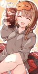  1girl :d ^_^ blonde_streaks braid brown_hair closed_eyes cola commentary_request cup drink drinking_glass grey_hoodie hasumi_takashi highres holding holding_drink hood hoodie ice ice_cube jacket mask mask_on_head multicolored_hair open_mouth outline red_jacket sendo_yuuhi sendo_yuuhi_(loungewear) sitting sleep_mask smile solo streaked_hair unworn_jacket virtual_youtuber vspo! white_outline yellow_background 