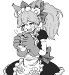  1girl ^^^ animal_ear_fluff animal_ears animal_hands apron bangs bell blush bow breasts collar commentary cowboy_shot embarrassed eyebrows_visible_through_hair fang fate/grand_order fate_(series) fox_ears fox_girl greyscale hair_between_eyes hair_bow hair_ribbon highres kusama_takato looking_away maid_apron maid_headdress monochrome neck_bell open_mouth paw_print ponytail ribbon shy sidelocks simple_background solo tamamo_(fate) tamamo_cat_(fate) tongue 