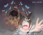  absurdres air_groove_(yuukyuu_naru_hecateia)_(umamusume) animal_ears artist_name black_dress brown_hair commentary crying dok_rebs dress english_commentary explosion explosion_background floating glowing glowing_eyes hair_over_one_eye highres holding holding_staff horse_ears horse_girl jojo_no_kimyou_na_bouken reaching reaching_towards_viewer rulership_(casual)_(umamusume) rulership_(umamusume) scene_reference staff stardust_crusaders umamusume umamusume_horse_relations 