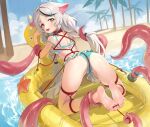  1girl absurdres animal_ears aqua_bikini ass bdsm beach bikini black_streaks blue_archive bondage bound brown_eyes chuck_(harfmoondark) commentary_request grey_hair highres inflatable_toy ink_stamp kokona_(blue_archive) low_twintails multicolored_hair palm_tree rope shibari shibari_over_clothes solo streaked_hair swimsuit tentacles tree twintails 