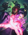  1girl absurdres arm_cannon armor artist_name assault_visor aura blue_assault_visor blue_bodysuit bodysuit commentary green_assault_visor highres kornart metroid metroid_ravenous mismatched_arms power_armor power_suit_(metroid) ravenous_suit samus_aran signature twitter_username weapon 