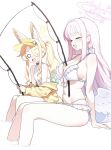  2girls :d ^_^ animal_ear_fluff animal_ears armpit_crease bare_shoulders between_breasts bikini blonde_hair blue_archive blunt_bangs blush bow bow_bikini breasts casual_one-piece_swimsuit choker chomu_4 cleavage closed_eyes clothing_cutout commentary convenient_breasts cross_halo diamond_cutout extra_ears feathered_wings feet_out_of_frame fishing fishing_rod fox_ears fox_girl frilled_bikini frills halo highres holding holding_fishing_rod large_breasts long_hair looking_at_another low_wings mika_(blue_archive) mika_(swimsuit)_(blue_archive) multiple_girls navel nose_blush o_o official_alternate_costume official_alternate_hairstyle one-piece_swimsuit one_eye_covered open_mouth pink_hair pink_halo seia_(blue_archive) seia_(swimsuit)_(blue_archive) side-by-side side_ponytail sidelocks simple_background sitting skindentation small_breasts smile soaking_feet stomach surprised sweatdrop swimsuit thighs v-shaped_eyebrows very_long_hair visor_cap white_background white_bikini white_bow white_choker white_one-piece_swimsuit white_wings wings yellow_halo 