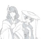  1boy 1girl alternate_costume blank_eyes blunt_bangs blunt_ends clothing_cutout fan_hair_ornament flower genshin_impact greyscale hair_flower hair_ornament hand_on_another's_arm hand_on_own_chest highres ichimegasa japanese_clothes kariginu khuesamoni kimono kuronushi_(genshin_impact) layered_kimono leaning_to_the_side long_hair long_sleeves looking_at_another mole mole_under_eye monochrome mother_and_child mother_and_son parent_and_child parted_lips raiden_shogun scaramouche_(genshin_impact) shoulder_cutout swept_bangs tassel tassel_hair_ornament tsurime white_background wide_sleeves wispy_bangs 
